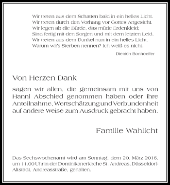Todesanzeige von Hanni  von Rheinische Post