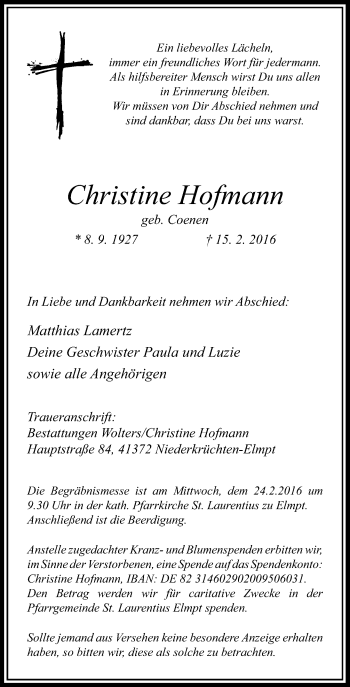 Todesanzeige von Christine Hofmann von Rheinische Post