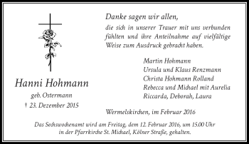 Todesanzeige von Hanni Hohmann von Rheinische Post
