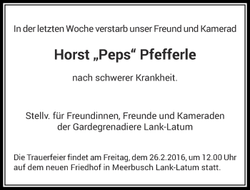 Todesanzeige von Horst Pfefferle von Rheinische Post