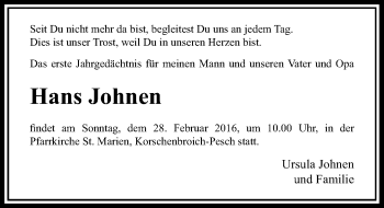 Todesanzeige von Hans Johnen von Rheinische Post
