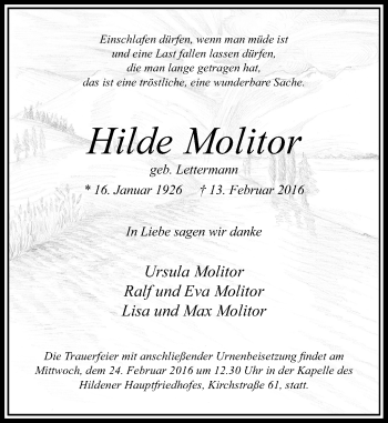 Todesanzeige von Hilde Molitor von Rheinische Post