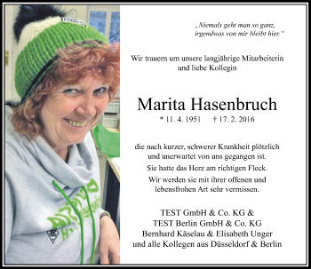 Todesanzeige von Marita Hasenbruch von Rheinische Post