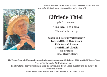 Todesanzeige von Elfriede Thiel von Rheinische Post