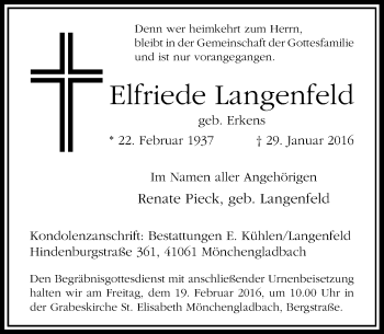 Todesanzeige von Elfriede Langenfeld von Rheinische Post