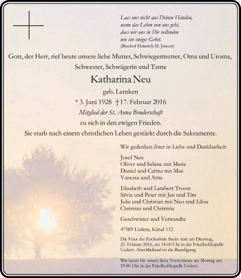 Todesanzeige von Katharina Neu von Rheinische Post