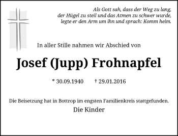 Todesanzeige von Josef Jupp Frohnapfel von Rheinische Post