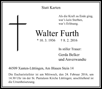 Todesanzeige von Walter Furth von Rheinische Post