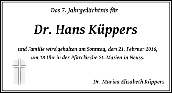 Todesanzeige von Hans Köppers von Rheinische Post