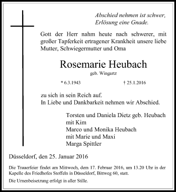 Todesanzeige von Rosemarie Heubach von Rheinische Post