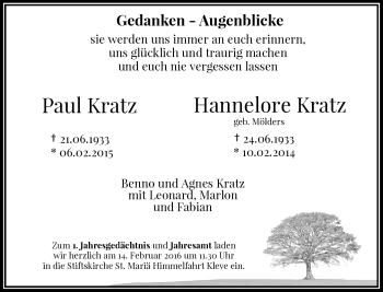 Todesanzeige von Hannelore Kratz von Rheinische Post