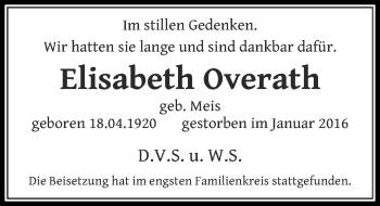 Todesanzeige von Elisabeth Overath von Rheinische Post
