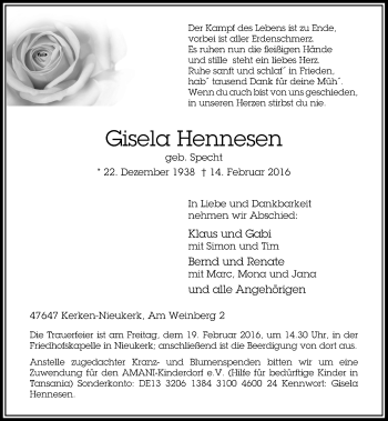 Todesanzeige von Gisela Hennesen von Rheinische Post