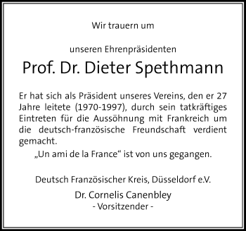 Todesanzeige von Dieter Spethmann von Rheinische Post