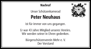 Todesanzeige von Peter Neuhaus von Rheinische Post