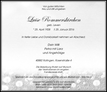Todesanzeige von Luise Rommerskirchen von Rheinische Post