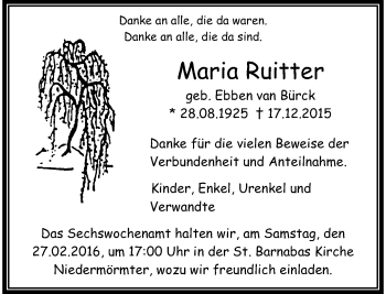 Todesanzeige von Maria Ruitter von Rheinische Post