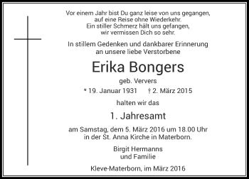 Todesanzeige von Erika Bongers von Rheinische Post