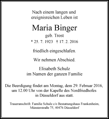 Todesanzeige von Maria Binger von Rheinische Post