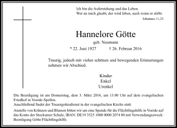 Todesanzeige von Hannelore Götte von Rheinische Post