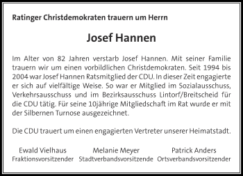 Todesanzeige von Josef Hannen von Rheinische Post
