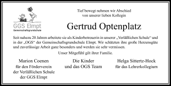 Todesanzeige von Gertrud Optenplatz von Rheinische Post