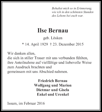 Todesanzeige von Ilse Bernau von Rheinische Post
