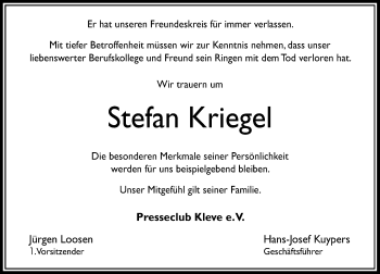 Todesanzeige von Stefan Krieget von Rheinische Post