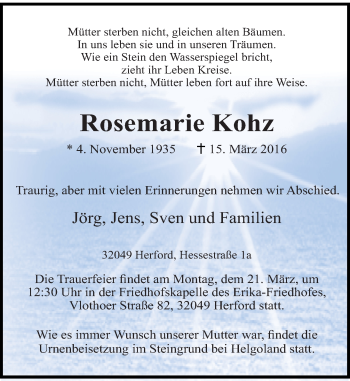 Todesanzeige von Rosemarie Kohz von Rheinische Post