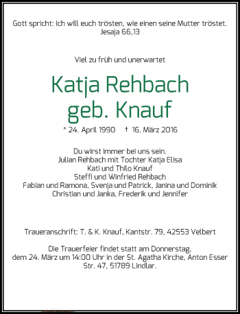 Todesanzeige von Katja Rehbach von Rheinische Post