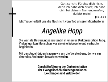 Todesanzeige von Angelika Hopp von Rheinische Post