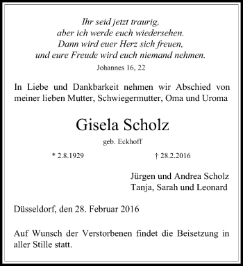 Todesanzeige von Gisela Scholz von Rheinische Post