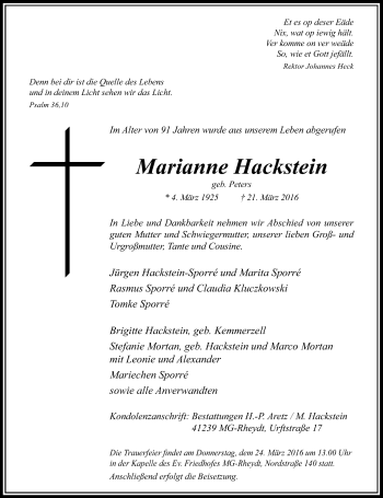 Todesanzeige von Marianne Hackstein von Rheinische Post