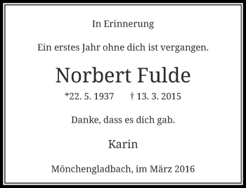Todesanzeige von Norbert Fulde von Rheinische Post