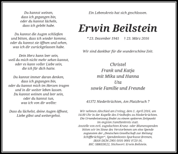 Todesanzeige von Erwin Beilstein von Rheinische Post