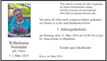 Todesanzeige von Wilhelmine Normann von Rheinische Post
