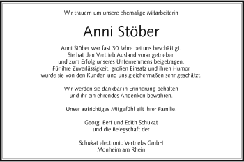 Todesanzeige von Anni Stöber von Rheinische Post
