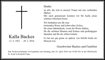 Todesanzeige von Kalla Backes von Rheinische Post