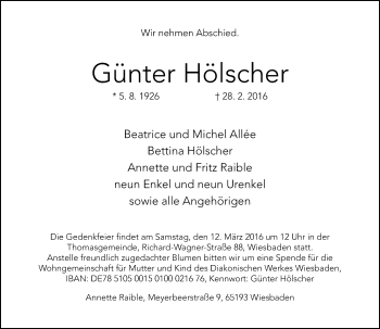 Todesanzeige von Günter Hölscher von Rheinische Post