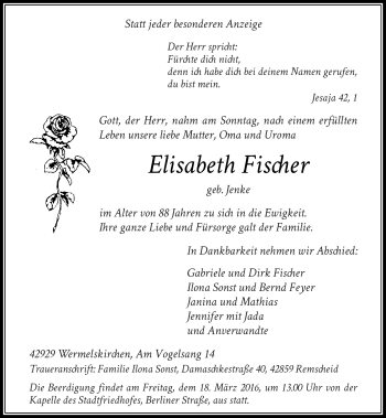 Todesanzeige von Elisabeth Fischer von Rheinische Post