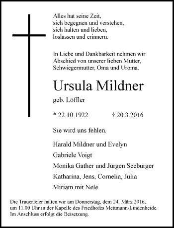 Todesanzeige von Ursula Mildner von Rheinische Post