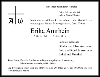 Todesanzeige von Erika Amrhein von Rheinische Post