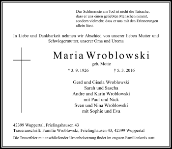 Todesanzeige von Maria Wroblowski von Rheinische Post