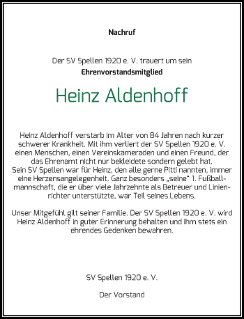 Todesanzeige von Heinz Aldenhoff von Rheinische Post