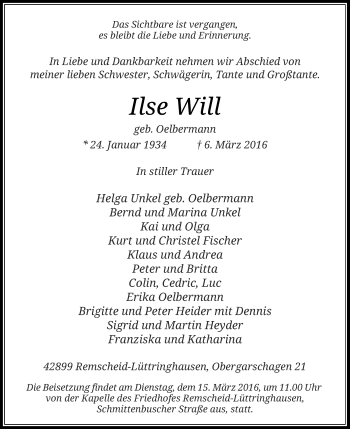 Todesanzeige von Ilse Will von Rheinische Post