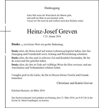 Todesanzeige von Heinz-Josef Greven von Rheinische Post