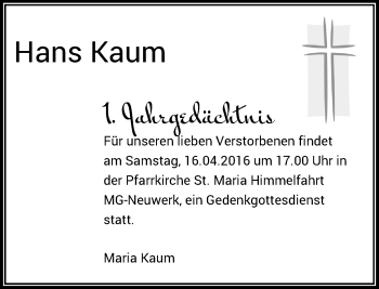 Todesanzeige von Hans Kaum von Rheinische Post