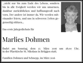 Todesanzeige von Marlies Dohmen von Rheinische Post