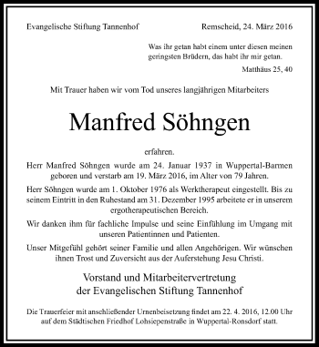 Todesanzeige von Manfred Söhngen von Rheinische Post