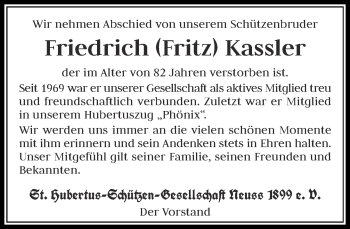 Todesanzeige von Friedrich Fritz Kassler von Rheinische Post
